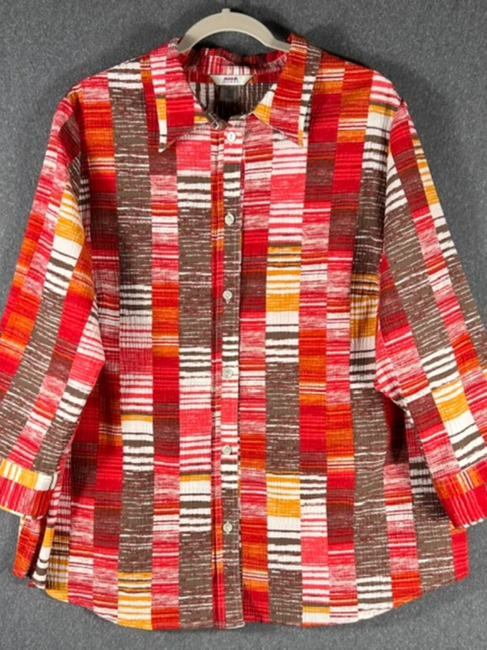 Alia Button Down Blouse Womens Sz 20W Red/Brown/Yellow 3/4 Sleeve Textured Fall
